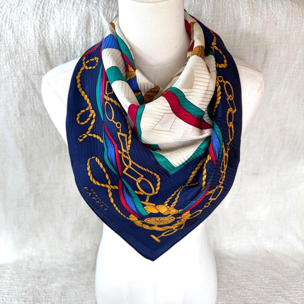Vintage Adrianna Papell Equestrian Tassel and Ribbon Chain Print Silk‎ Scarf